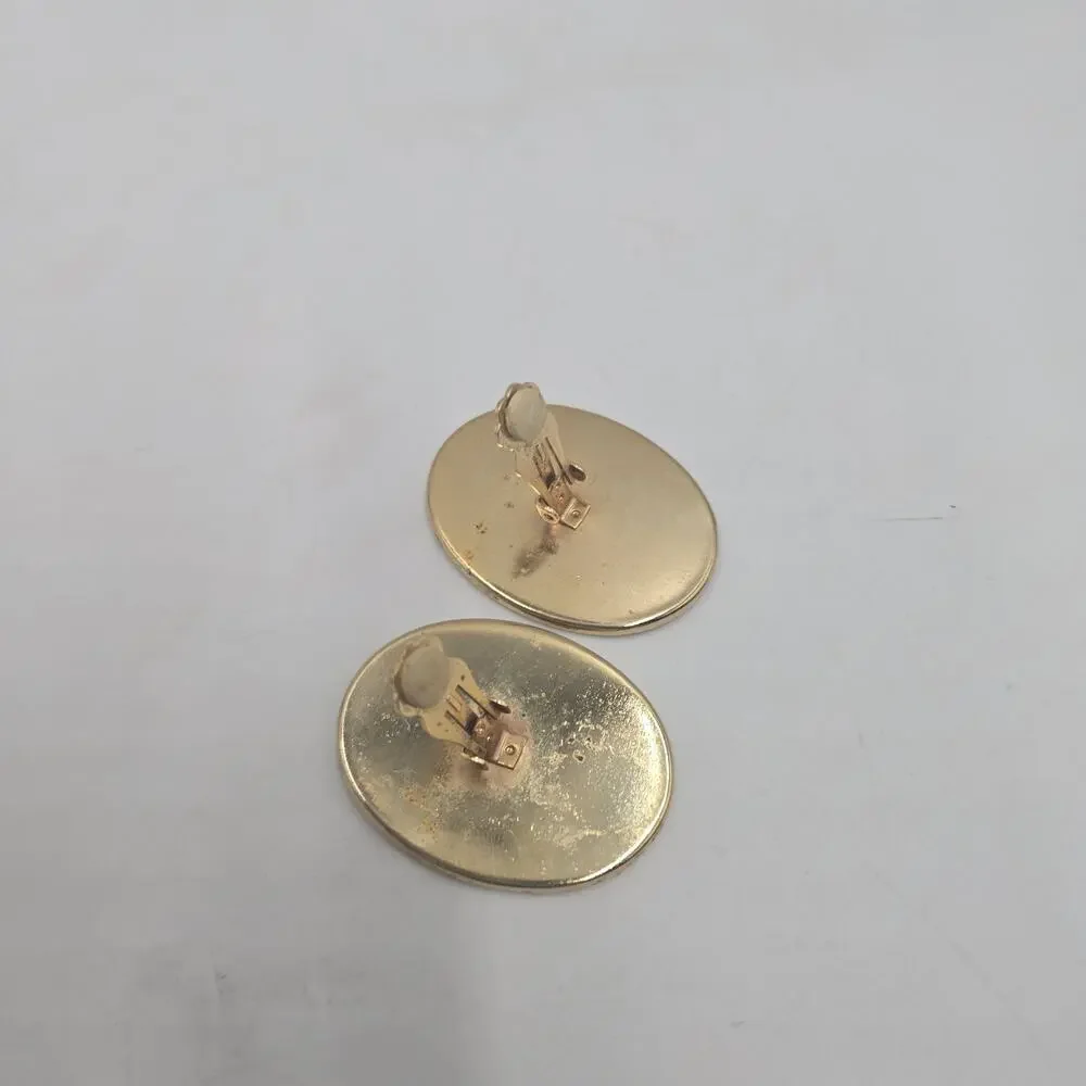 Vintage Black Gold Foil Oval Clip On Earrings Statement Abstract Mid Century Mod